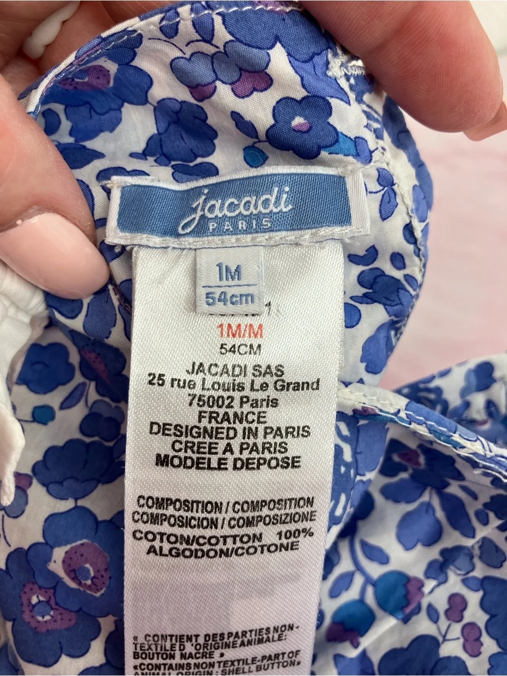 EUC Jacadi Paris bubble romper blue floral Liberty print sleeveless 1 month